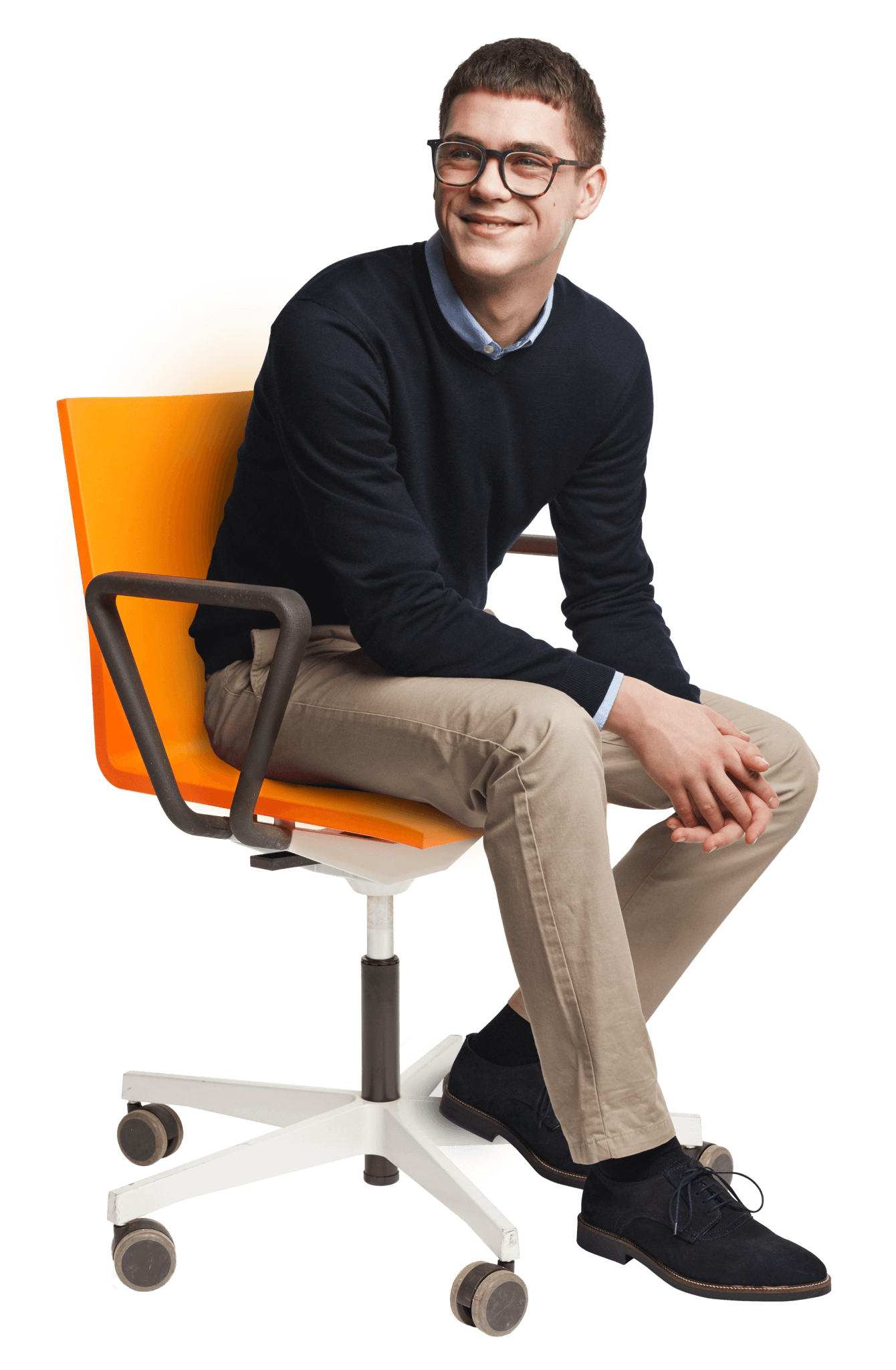 man sitting on an orange chair